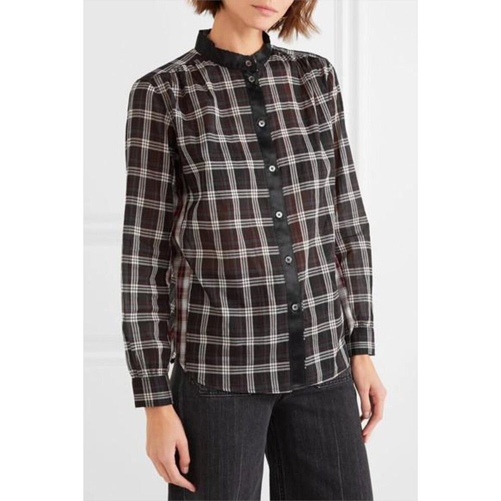 Marc Jacobs Patchwork Plaid Blouse Satin Trim Size 2 Black White Red